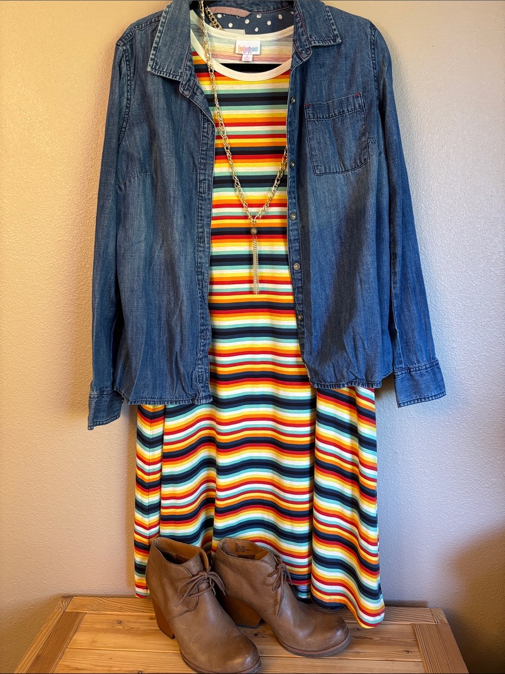 LuLaRoe JESSIE Multicolor Rainbow Striped Casual Tee Shirt Swing Dress SMALL
